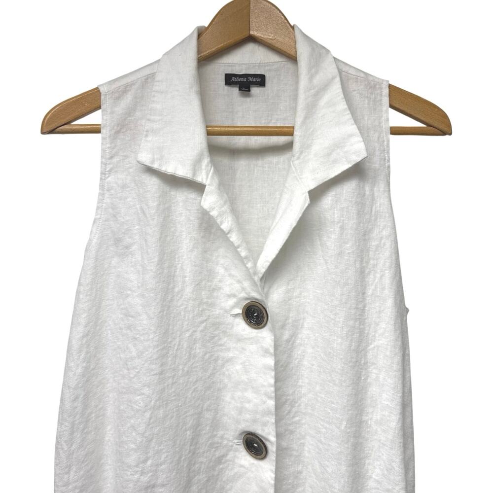 Athena Marie White Linen Dress Sz Large Patch Pockets Sleeveless Asymmetric - Picture 2 of 7